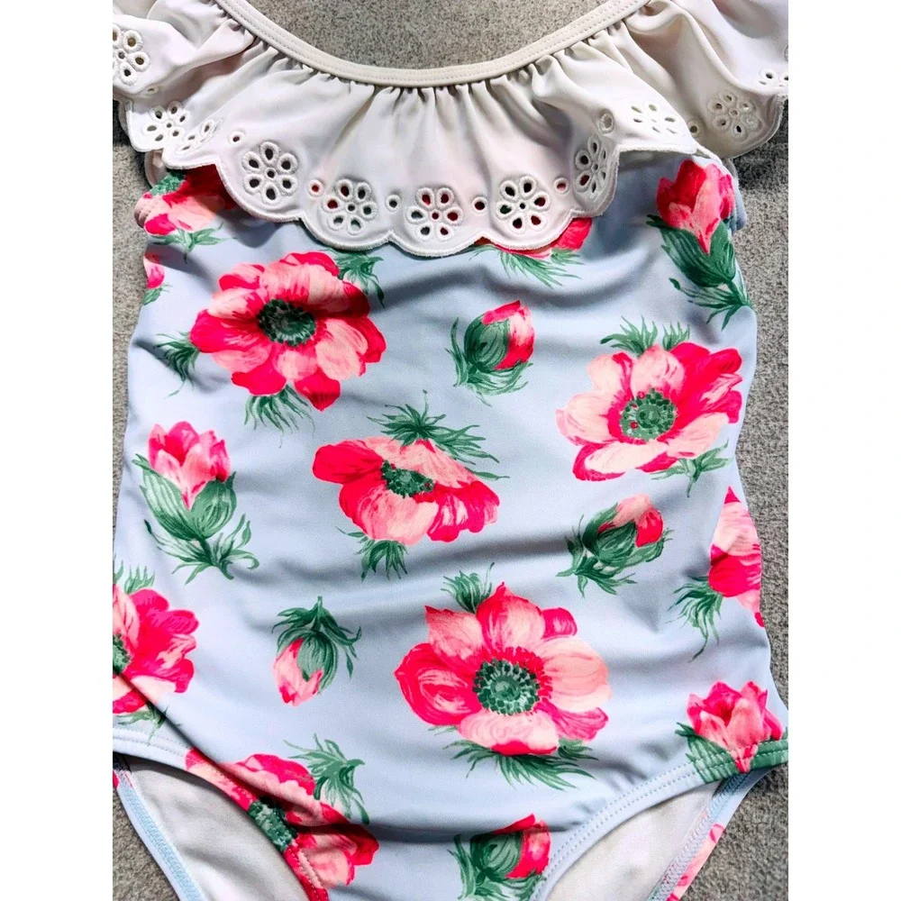 Janie and Jack Girls Swimsuit Size 6 Blue Pink Floral Eyelet Ruffle One Piece